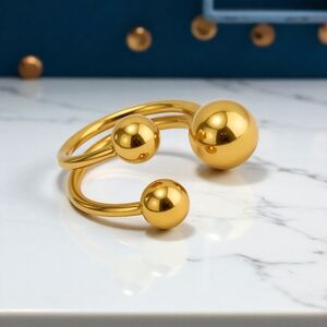 18K Gold Plated Adjustable Triple Beads Stainless Steel Statement Ring Size 6